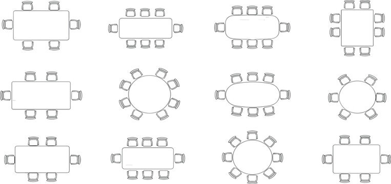 A versatile collection of vector line icons depicting various furniture arrangements with tables and chairs from a top-down plan view