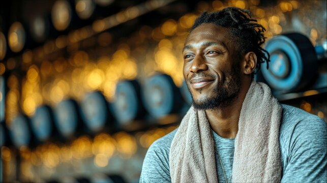 A fit Black man with dreadlocks and a towel around his neck smiles while looking away from the camera in a gym setting.