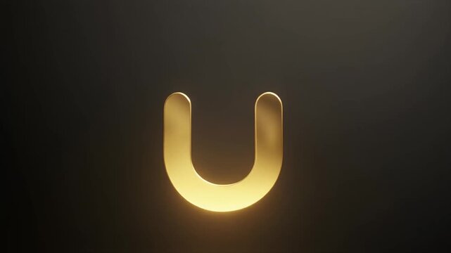 A shiny golden metallic letter U with rounded edges glowing against a dark background.