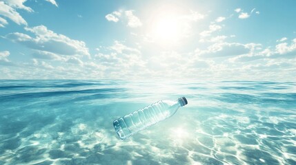 Plastic bottle floats adrift on clear blue ocean waves under bright sunny sky and clouds