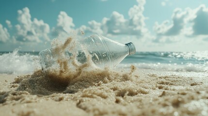 Plastic bottle washes ashore on a sandy beach with ocean waves crashing nearby