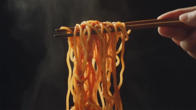 Dan dan mian Chinese Sichuan noodles reveal chopsticks lifting