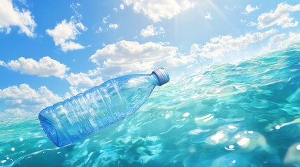 Plastic bottle floats adrift in vibrant ocean waves under a bright blue sky