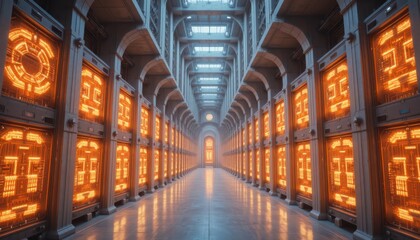 Futuristic server room with glowing panels and symmetrical architectural design showcasing