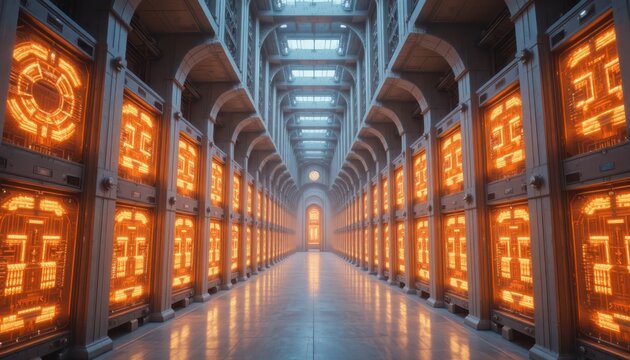 Futuristic server room with glowing panels and symmetrical architectural design showcasing