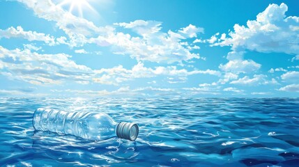Plastic bottle pollutes vast ocean under bright sun and fluffy clouds, environmental concern