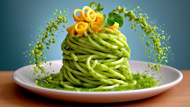 Vibrant green pasta dish elegantly plated, showcasing a dynamic arrangement of noodles and garnishes, with a gradual zoom in capturing the intricate details and textures of the culinary masterpiece