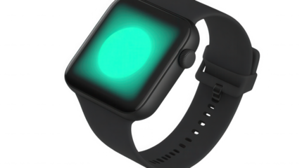 Close up of a smart watch with a glowing green screen display on transparent background