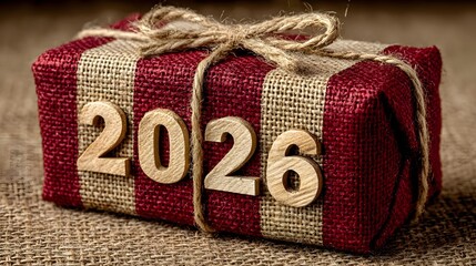 A rustic themed gift box wrapped in red and beige striped fabric and tied with natural twine displays prominent wooden numbers  2026  on its surface set against a coarse burlap backdrop