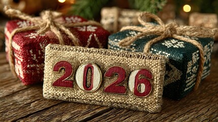 A rustic holiday scene featuring a prominent  2026  deco n surrounded by festive wrapped gifts complete with jute twine on a wooden surface evoking a warm New Year s celeb n