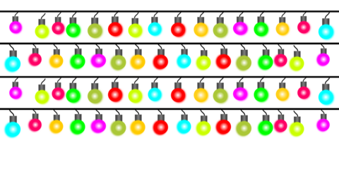 Four horizontal strings of multicolored Christmas lights hanging in parallel rows against a plain white background.