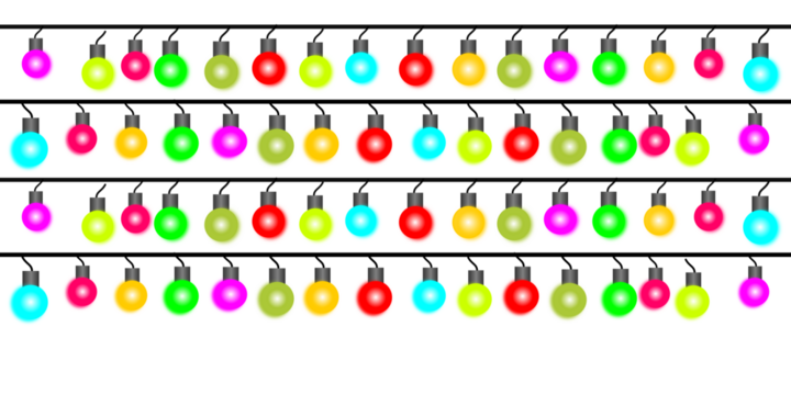 Four horizontal strings of multicolored Christmas lights hanging in parallel rows against a plain white background.
