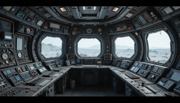 Futuristic spaceship control room with desert planet view, conveying space travel and exploration