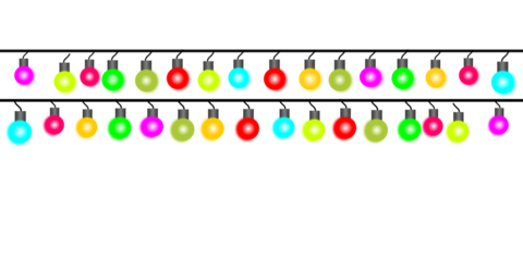 Two horizontal strings of colorful, glowing Christmas light bulbs isolated on a white background.