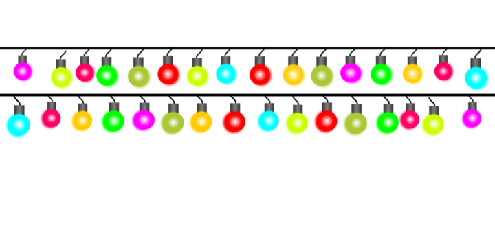 Two horizontal strings of colorful, glowing Christmas light bulbs isolated on a white background. - Powered by Adobe