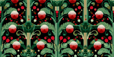 This vibrant abstract design features a blend of red, green, and black, showcasing Art Deco influences with festive elements ideal for holiday settings and decorations