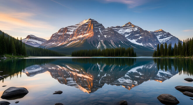 Mountain range reflected in a still lake surrounded by a dense forest under a blue sky at sunset