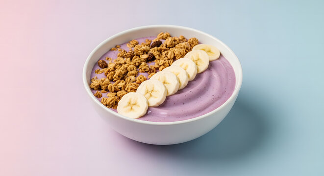 A white bowl filled with purple yogurt topped with granola and sliced bananas on a gradient background