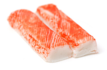 Crab sticks isolated on white background. Seafood close-up.
