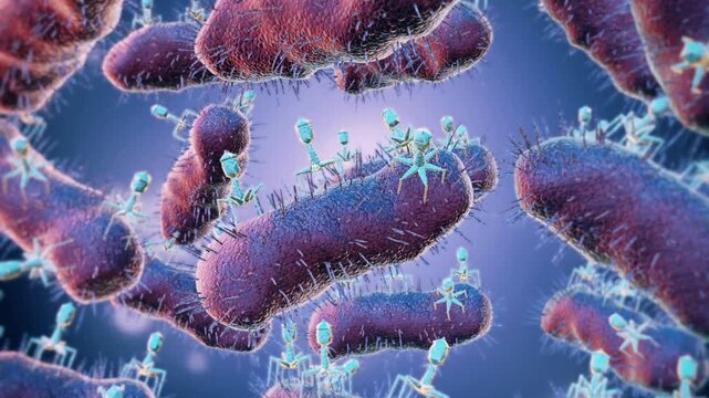 3D medical animation of bacteriophage viruses attacking and infecting purple bacteria cells showing viral replication process for microbiology and science education backgrounds