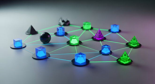 Abstract network of geometric shapes connected by glowing lines on a gray surface design art