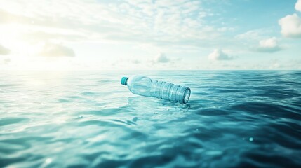 Plastic bottle adrift on tranquil ocean waves under a bright, cloudy sky, highlighting environmental concern
