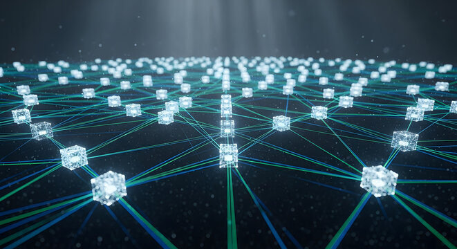 Network of interconnected glowing cubes with blue and green lines forming a grid like structure