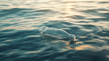 Plastic bottle adrift on ocean waves, symbolizing pollution and environmental concern at sunset