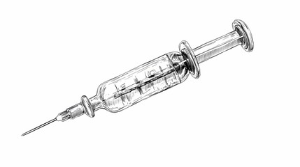 Hand drawn illustration depicts medical injection device with sharp needle against white background