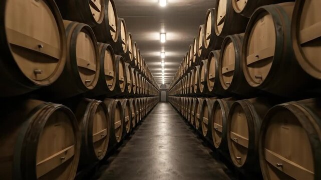 Journey through an endless wine barrel cellar illuminated by warm ambient light