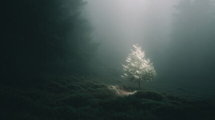 Obraz premium Landscape photograph of a foggy forest. the fog is covering the entire frame of the image, creating a mysterious and ethereal atmosphere.