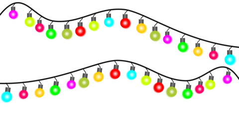 Two strings of colorful, festive Christmas lights with round bulbs hanging on a wavy black wire against a white background.