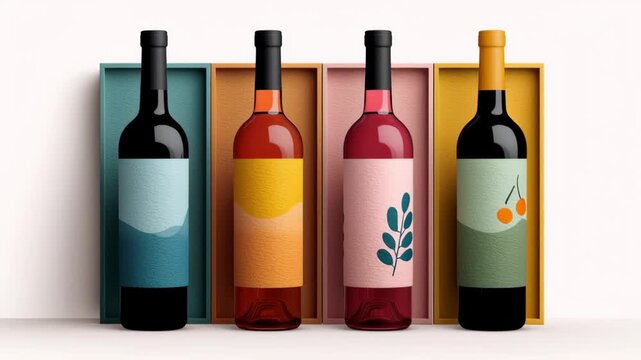 Colorful wine bottles arranged in stylish packaging, showcasing unique label designs and textures, with a gradual camera zoom emphasizing the vibrant details and artistic elements of the scene