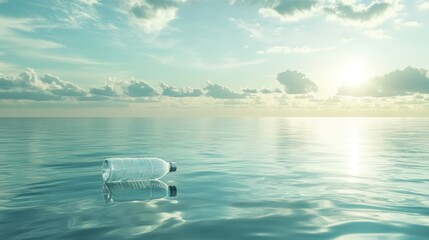 Plastic bottle adrift on serene ocean surface under a vast sky with sunlit clouds
