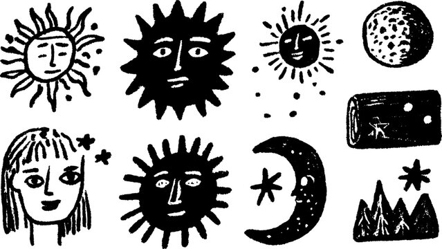 Silhouette illustrations of sun, moon, and stars with faces in a creative black doodle style. Vector set featuring hand-drawn elements for unique artwork.