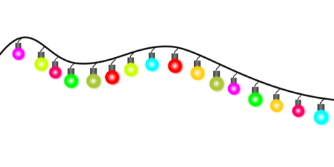 A festive string of colorful, glowing Christmas lights hanging on a wavy black wire against a plain white background.
