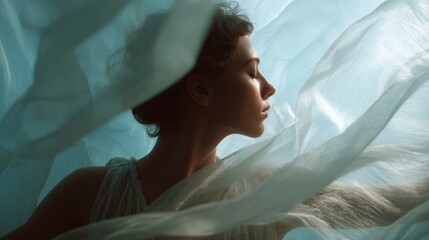 Portrait of a young woman with her eyes closed, looking up towards the sky. she is wearing a white dress with a ruffled neckline and her hair is styled in loose curls.