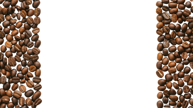 Two vertical borders of roasted coffee beans framing a white empty space isolated on transparent background - Powered by Adobe