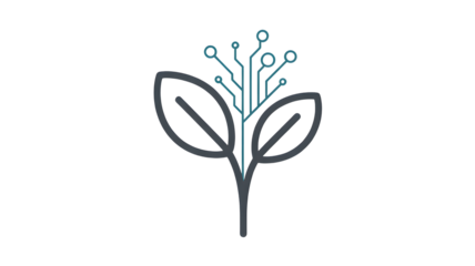Stylized line art illustration of a plant with leaves and a stem merging into a digital circuit board pattern isolated on transparent background