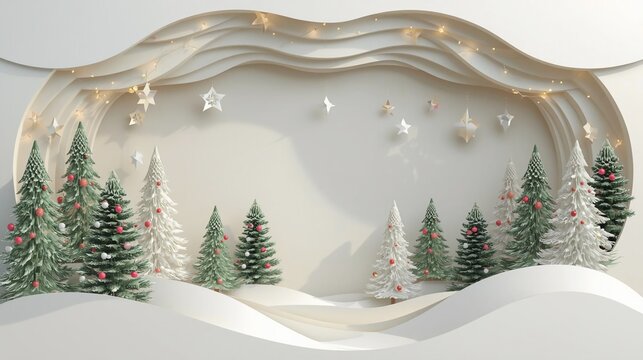 Elegant winter wonderland scene with Christmas trees and twinkling star lights for holiday marketing campaigns and seasonal greetings, capturing festive cheer - Powered by Adobe