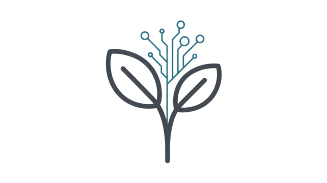 Stylized line art illustration of a plant with leaves and a stem merging into a digital circuit board pattern isolated on transparent background