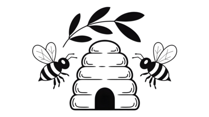 Hand drawn illustration of a beehive with two bees and a branch isolated on transparent background