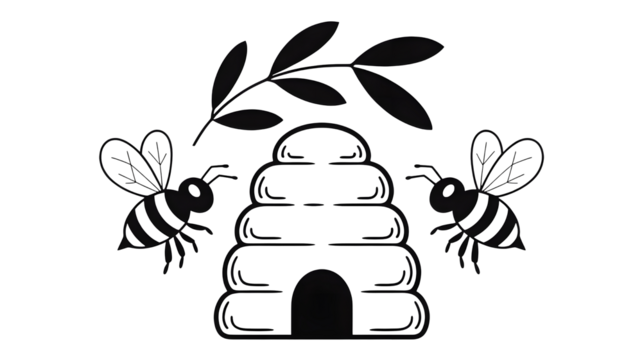 Hand drawn illustration of a beehive with two bees and a branch isolated on transparent background