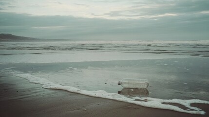 Plastic bottle pollutes serene beach shore with gentle waves washing over sand