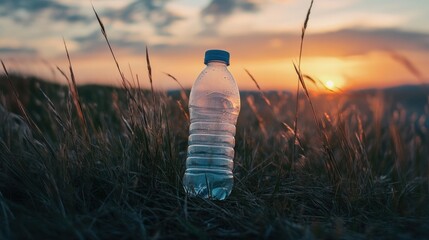 Refreshing water bottle glistens amidst golden sunset grass, symbolizing purity and outdoor adventure