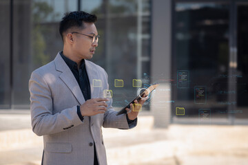 Businessman working on tablet with digital document, managing files data, paperless workflow, data search, cloud technology.