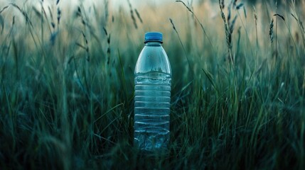 Refreshing water bottle stands tall amidst lush green grass, symbolizing hydration and nature's purity.
