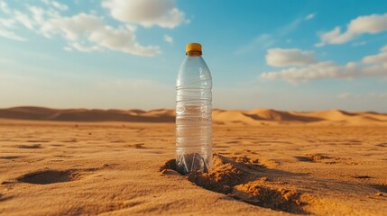 Empty plastic bottle stands alone in vast arid desert landscape under clear blue sky