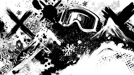 A dynamic black-and-white illustration featuring snowboarding goggles, snowflakes, and abstract mountain shapes, capturing the thrill of winter sports.