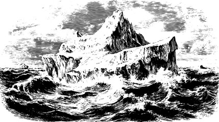 Antique engraving of a rugged island in the ocean. The black outline drawing features waves and clouds in a vintage nature set illustration, vector format.